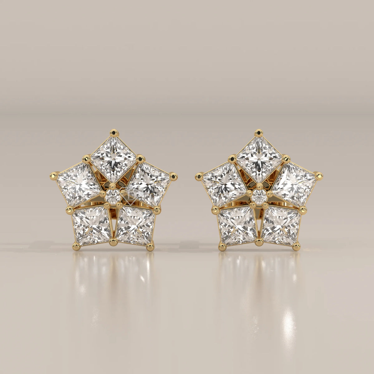 Front View: Round Diamond Stud Earrings with Cluster Setting in Yellow Gold – Lab Grown – Driona Jewels
