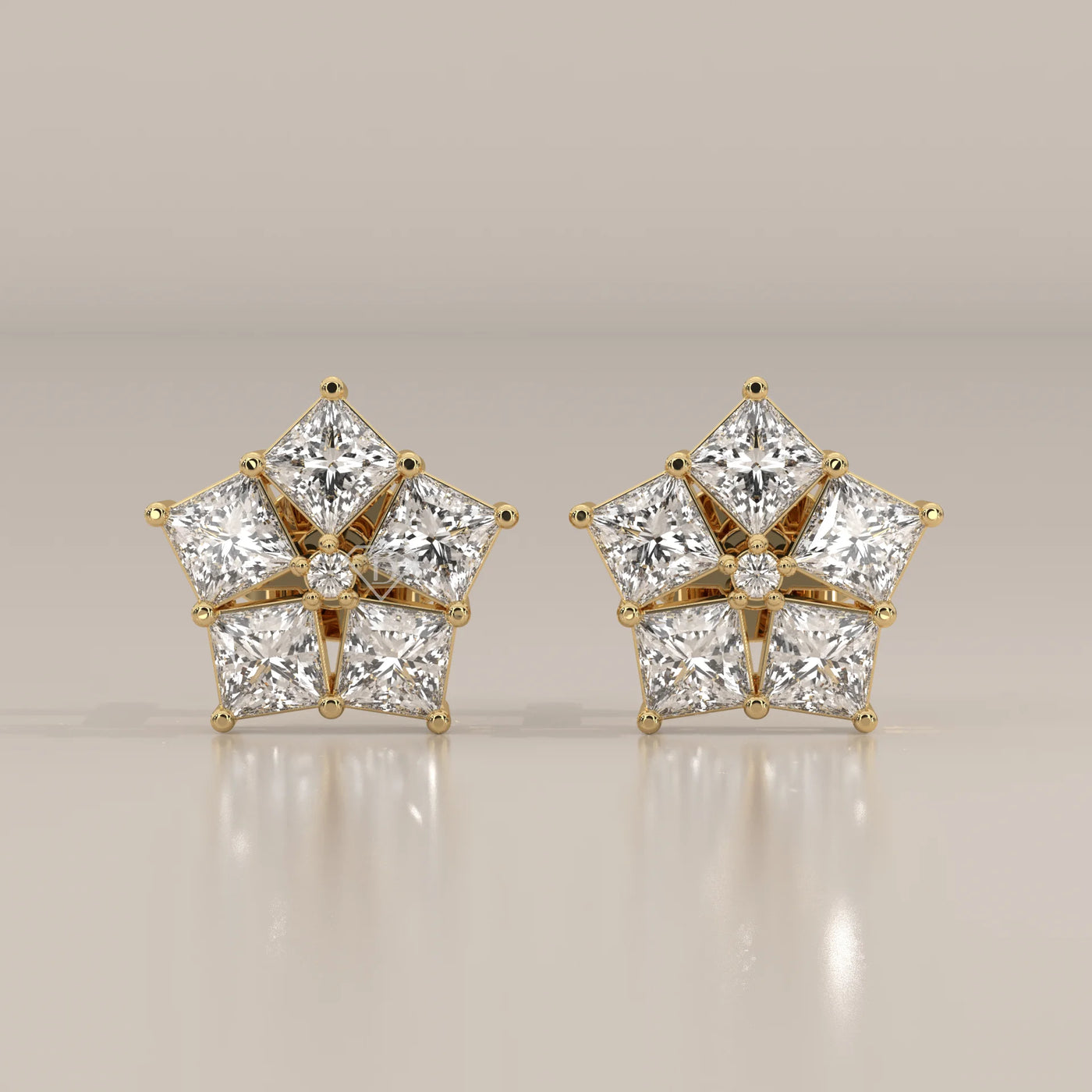 Front View: Round Diamond Stud Earrings with Cluster Setting in Yellow Gold – Lab Grown – Driona Jewels