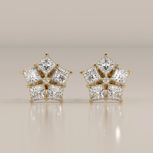 Front View: Round Diamond Stud Earrings with Cluster Setting in Yellow Gold – Lab Grown – Driona Jewels