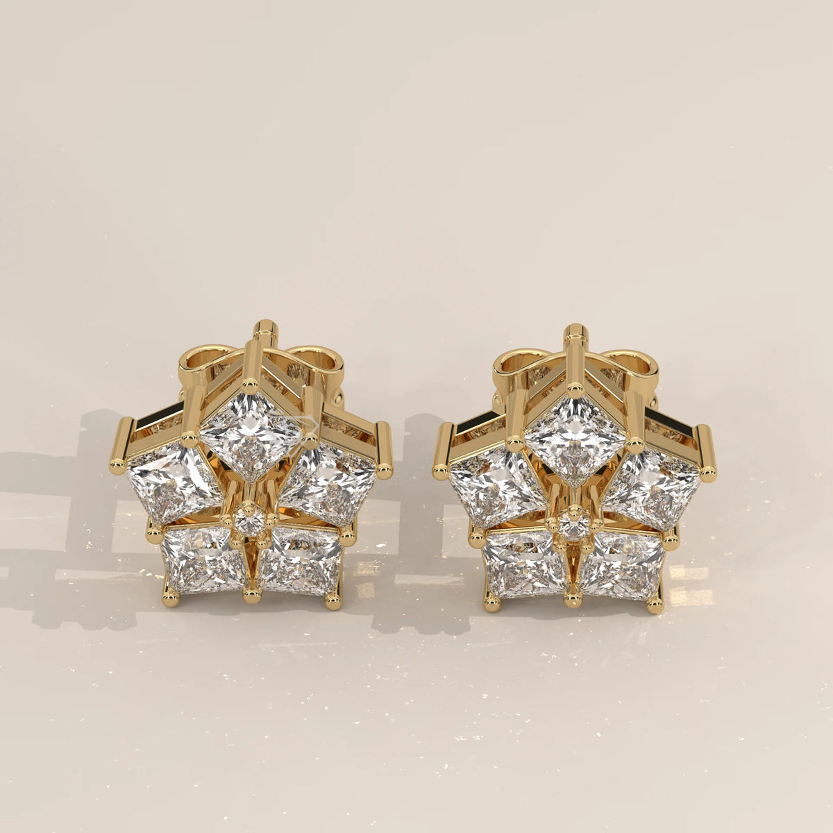 Pair Front View: Round Diamond Stud Earrings with Cluster Setting in Yellow Gold – Lab Grown – Driona Jewels