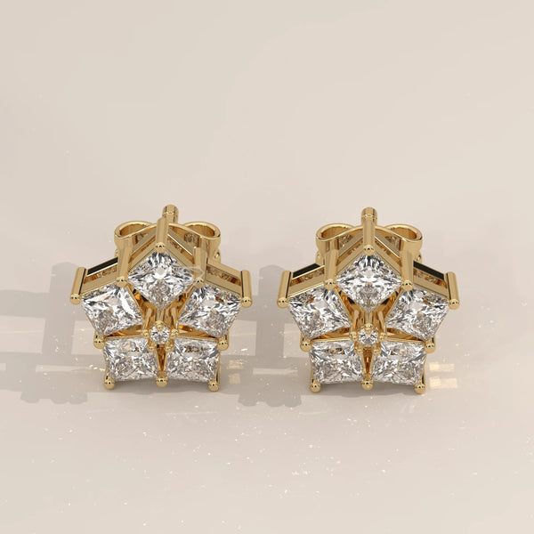 Pair Front View: Round Diamond Stud Earrings with Cluster Setting in Yellow Gold – Lab Grown – Driona Jewels