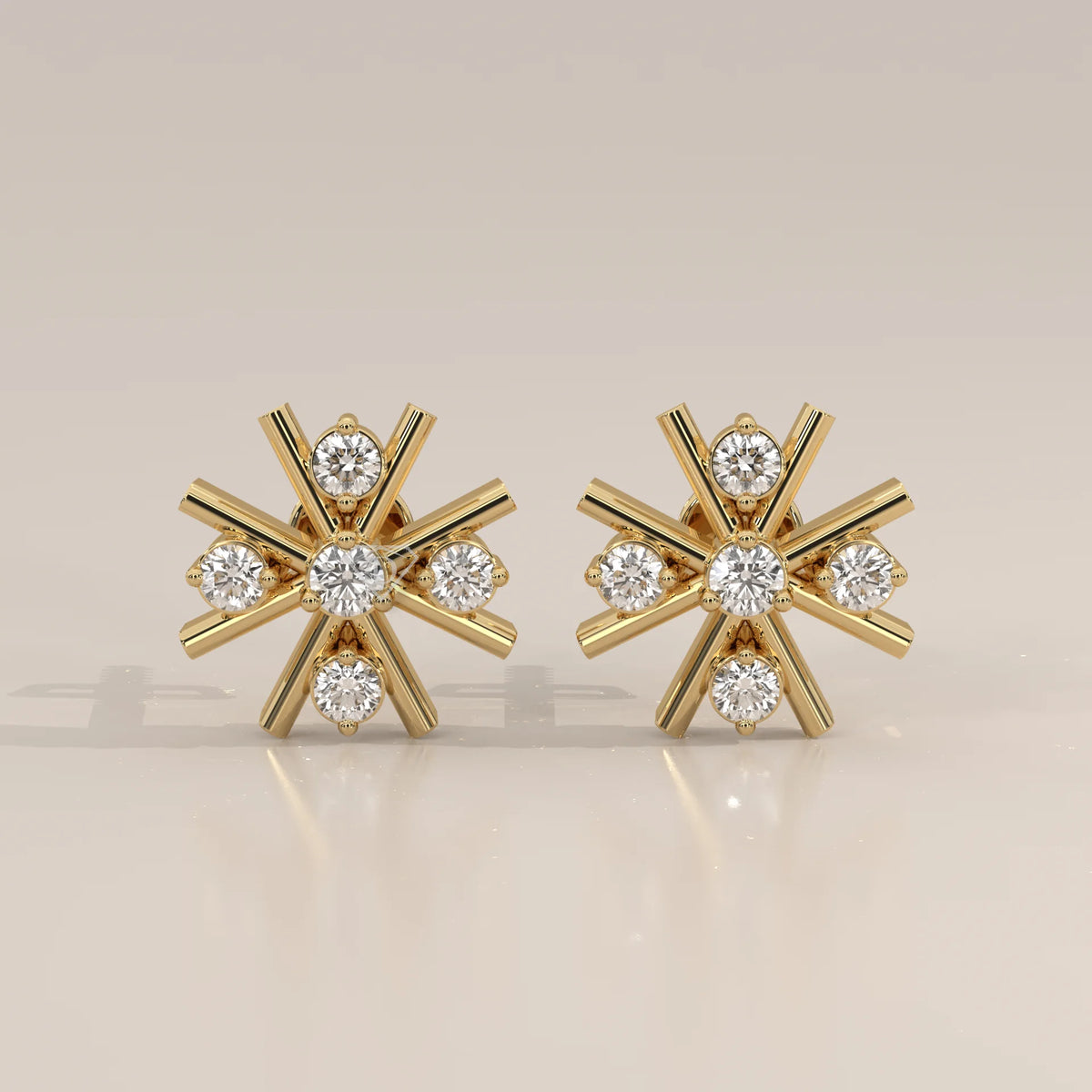 Front View: Round Diamond Stud Earrings with Cluster Setting in Yellow Gold – Lab Grown – Driona Jewels