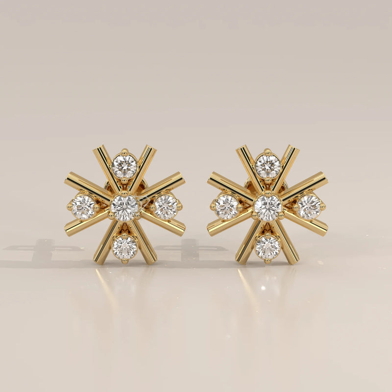 Front View: Round Diamond Stud Earrings with Cluster Setting in Yellow Gold – Lab Grown – Driona Jewels