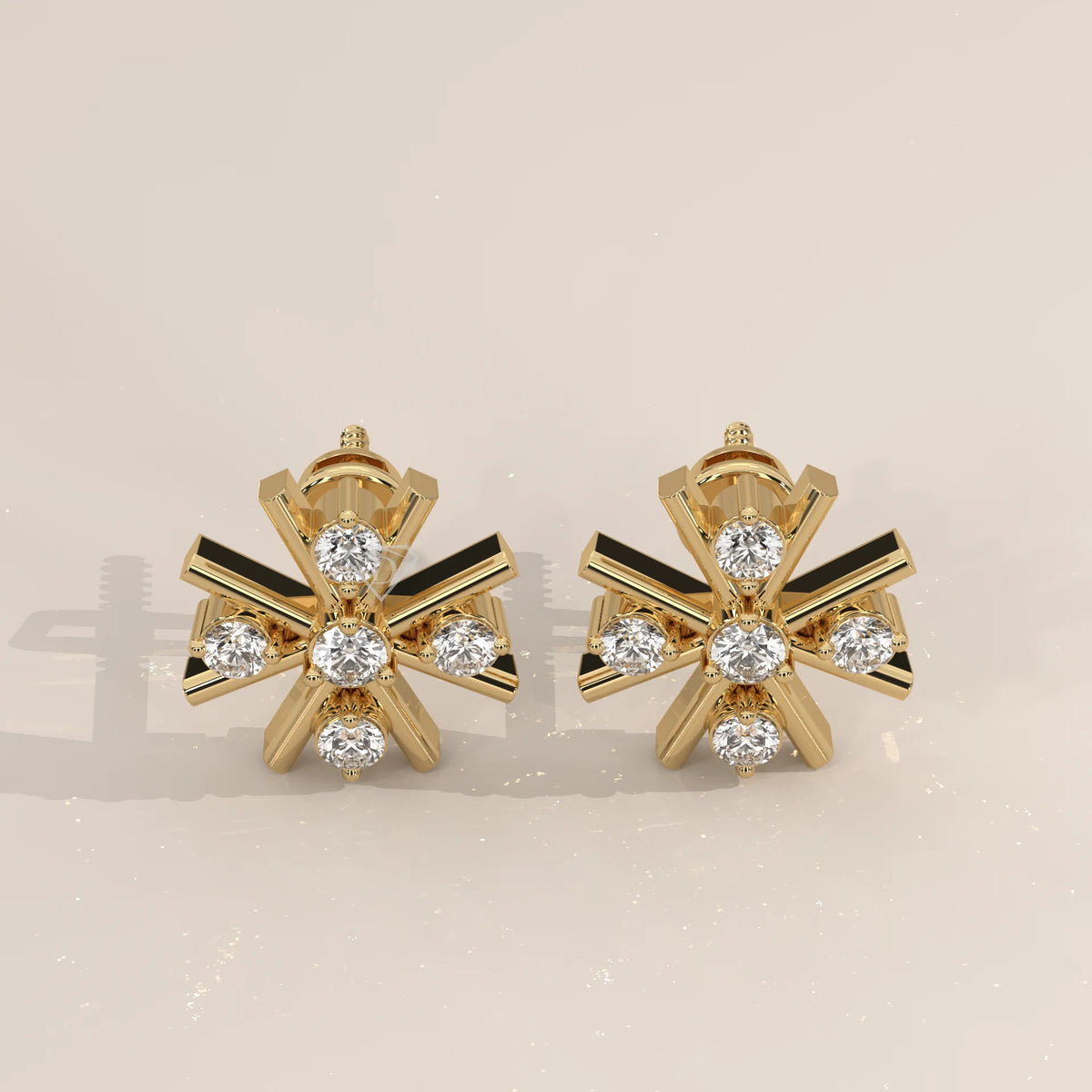 Pair Front View: Round Diamond Stud Earrings with Cluster Setting in Yellow Gold – Lab Grown – Driona Jewels
