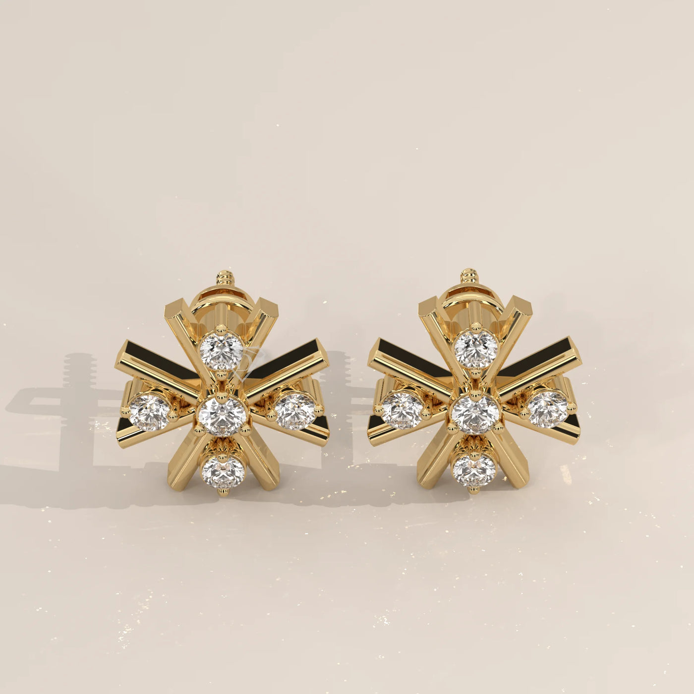 Pair Front View: Round Diamond Stud Earrings with Cluster Setting in Yellow Gold – Lab Grown – Driona Jewels