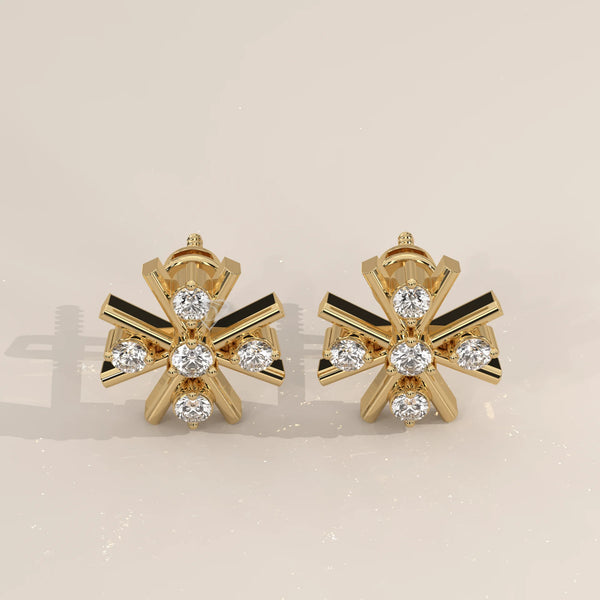 Pair Front View: Round Diamond Stud Earrings with Cluster Setting in Yellow Gold – Lab Grown – Driona Jewels