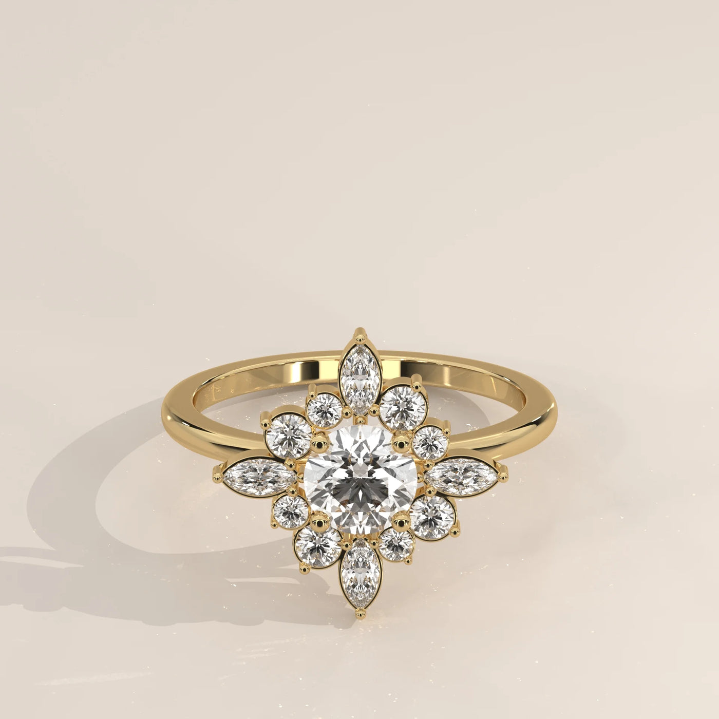 A vintage-inspired diamond engagement ring with a starburst halo.