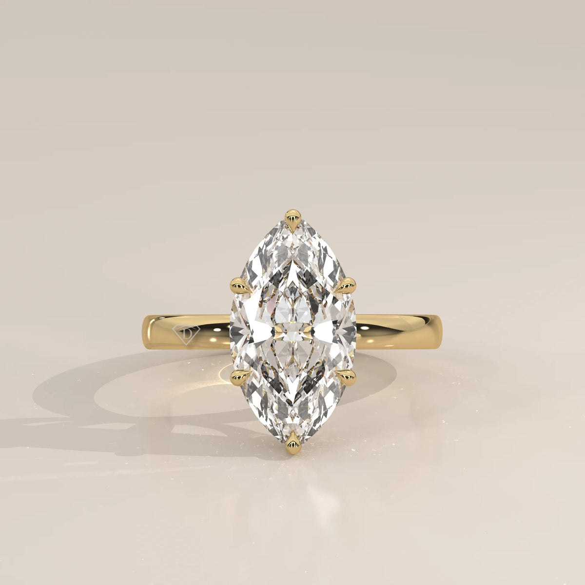 Stavia 5 Carat Marquise Lab Grown Diamond Solitaire, Hidden Halo in yellow gold, photographed head-on.