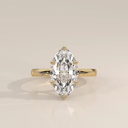 Stavia 5 Carat Marquise Lab Grown Diamond Solitaire, Hidden Halo in yellow gold, photographed head-on.