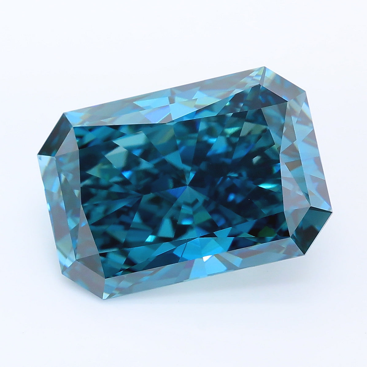 7.10 carat fancy vivid greenish blue radiant lab grown diamond VS1 clarity