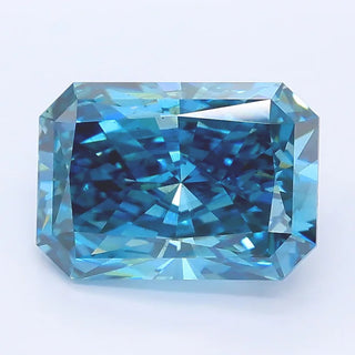 Radiant cut vivid blue lab grown diamond with exceptional clarity and brilliant faceting.