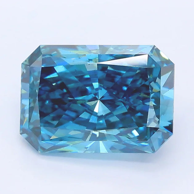 Radiant cut vivid blue lab grown diamond with exceptional clarity and brilliant faceting.