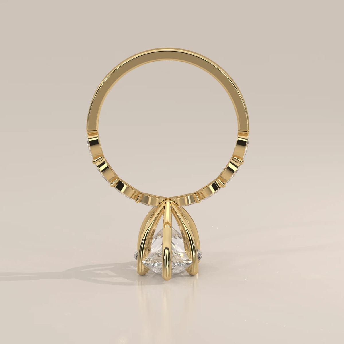 Stlea 5 Carat Pear Lab Grown Diamond Ring, Bezel Marquise Band in yellow gold, side profile view.