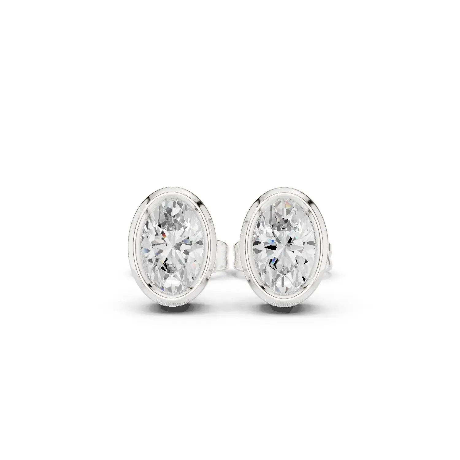 Pair Shot: Oval Diamond Studs with Bezel Setting in 14k White Gold - Lab Grown - Driona Jewels