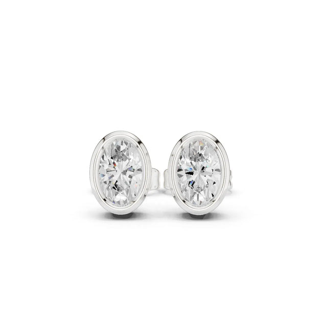 Pair Shot: Oval Diamond Studs with Bezel Setting in 14k White Gold - Lab Grown - Driona Jewels