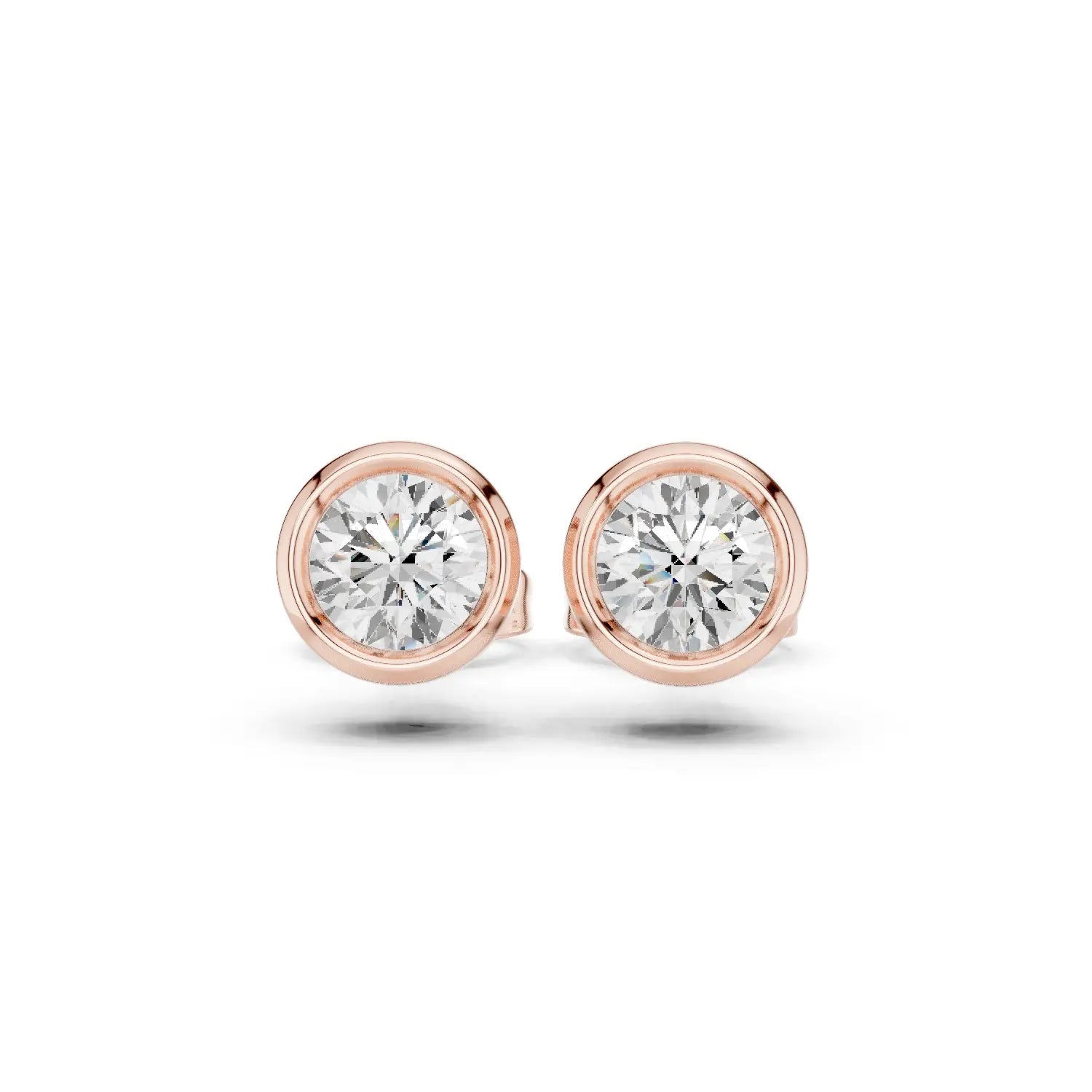Pair Shot: Round Diamond Studs with Bezel Setting in 14k Rose Gold - Lab Grown - Driona Jewels