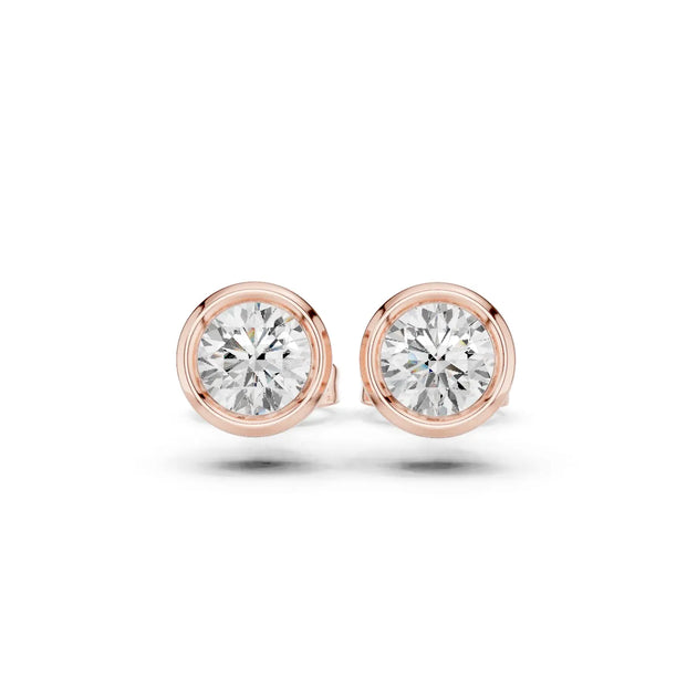 Pair Shot: Round Diamond Studs with Bezel Setting in 14k Rose Gold - Lab Grown - Driona Jewels