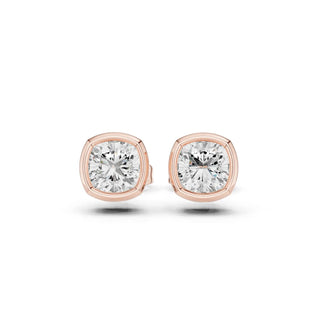 Pair Shot: Round Diamond Studs with Bezel Setting in 14k Rose Gold - Lab Grown - Driona Jewels