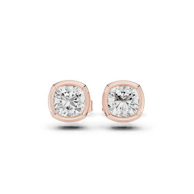 Pair Shot: Round Diamond Studs with Bezel Setting in 14k Rose Gold - Lab Grown - Driona Jewels
