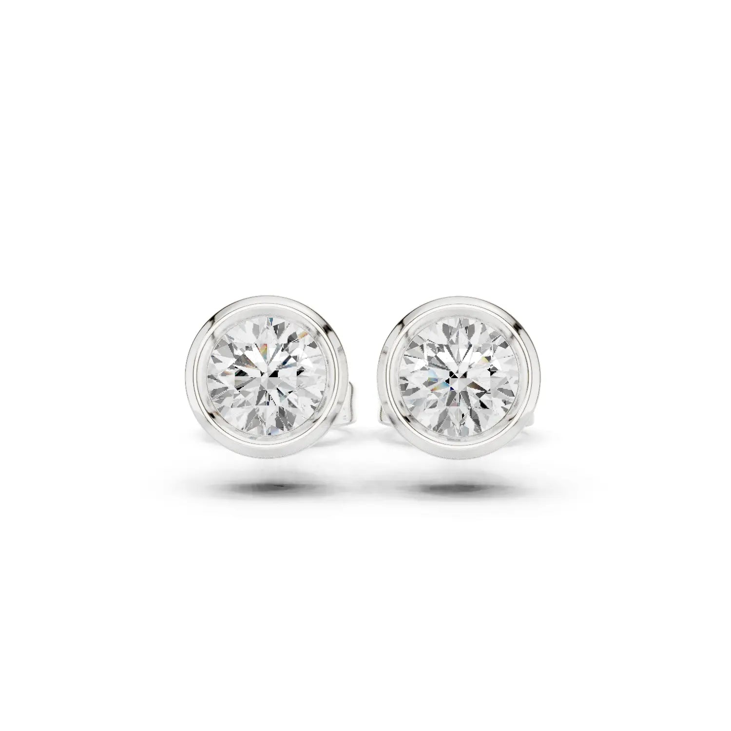Pair Shot: Round Diamond Studs with Bezel Setting in 14k White Gold - Lab Grown - Driona Jewels