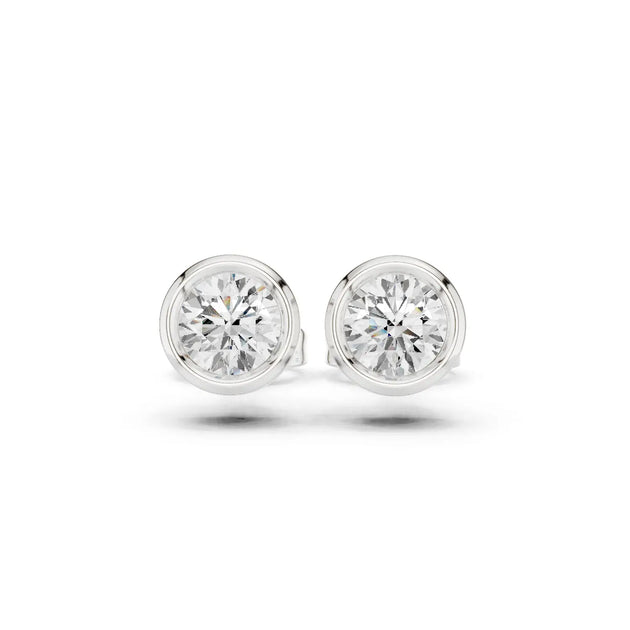 Pair Shot: Round Diamond Studs with Bezel Setting in 14k White Gold - Lab Grown - Driona Jewels