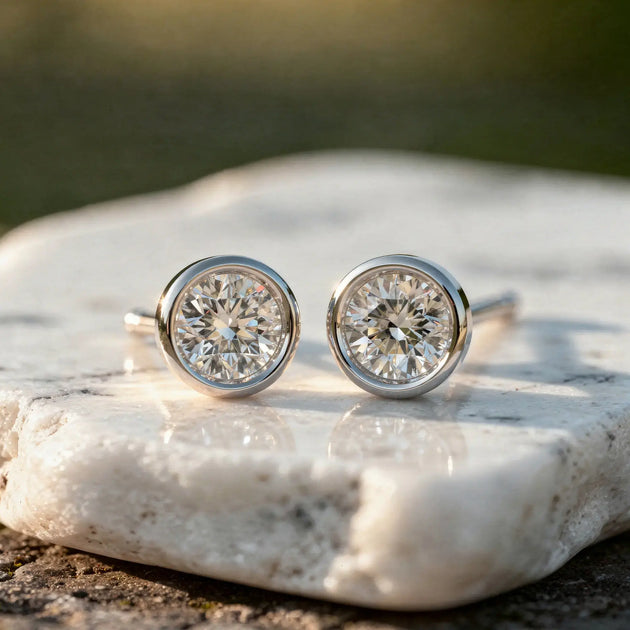 Pair Shot: Round Diamond Studs with Bezel Setting in 14k White Gold - Lab Grown - Driona Jewels