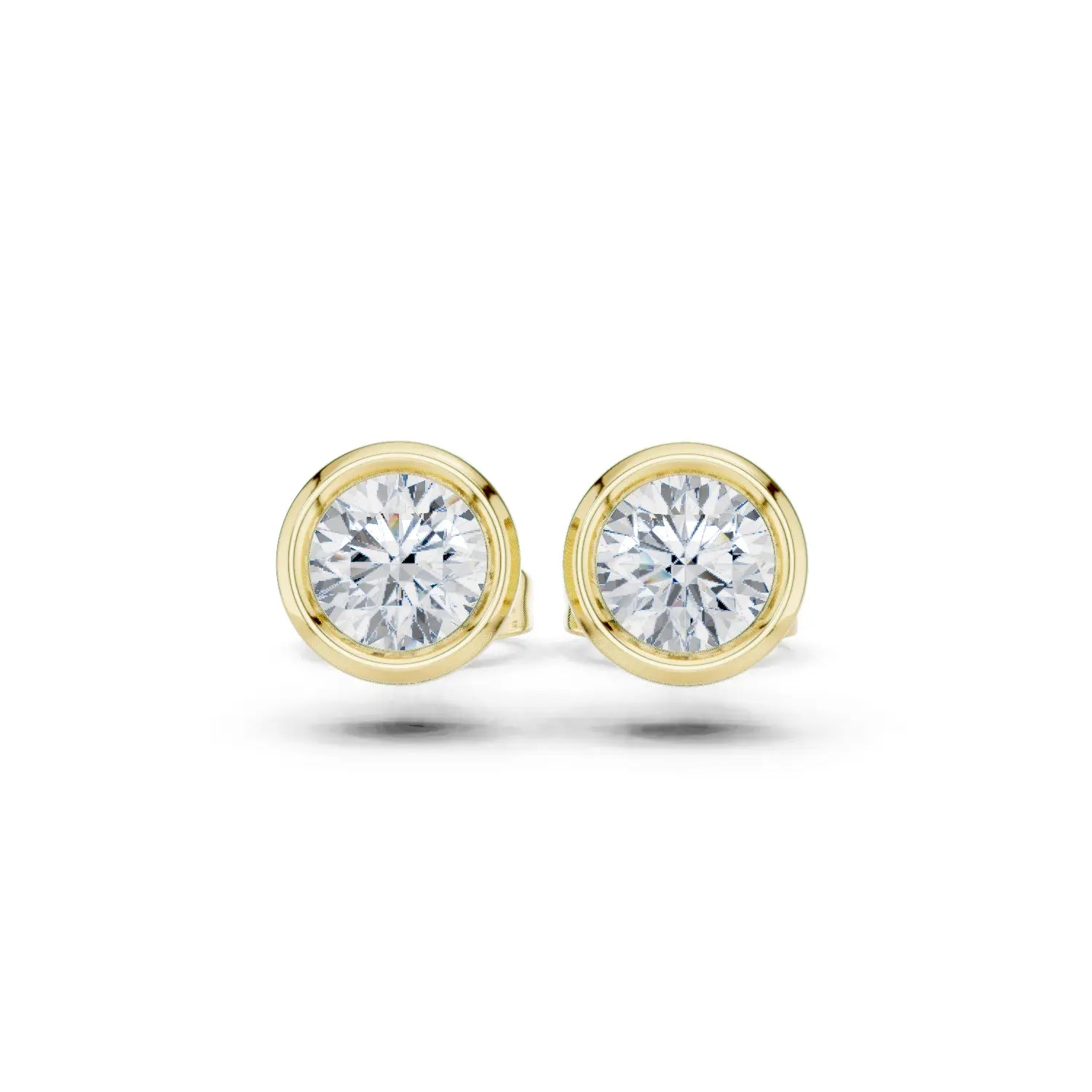 Pair Shot: Round Diamond Studs with Bezel Setting in 14k Yellow Gold - Lab Grown - Driona Jewels