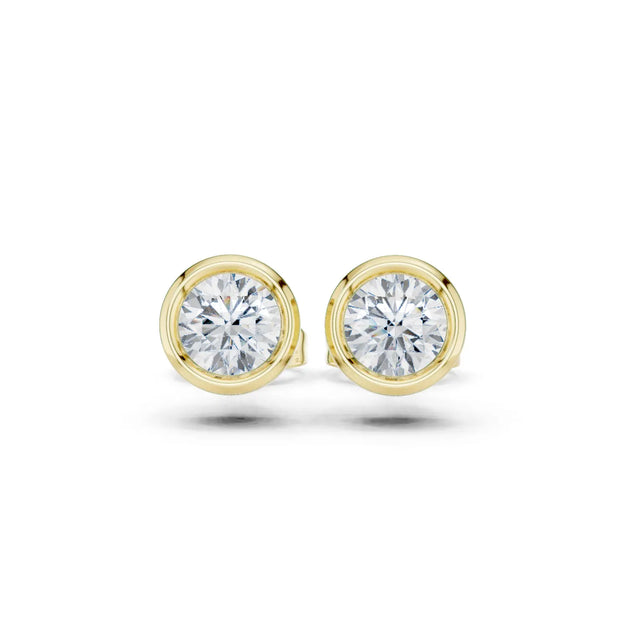 Pair Shot: Round Diamond Studs with Bezel Setting in 14k Yellow Gold - Lab Grown - Driona Jewels