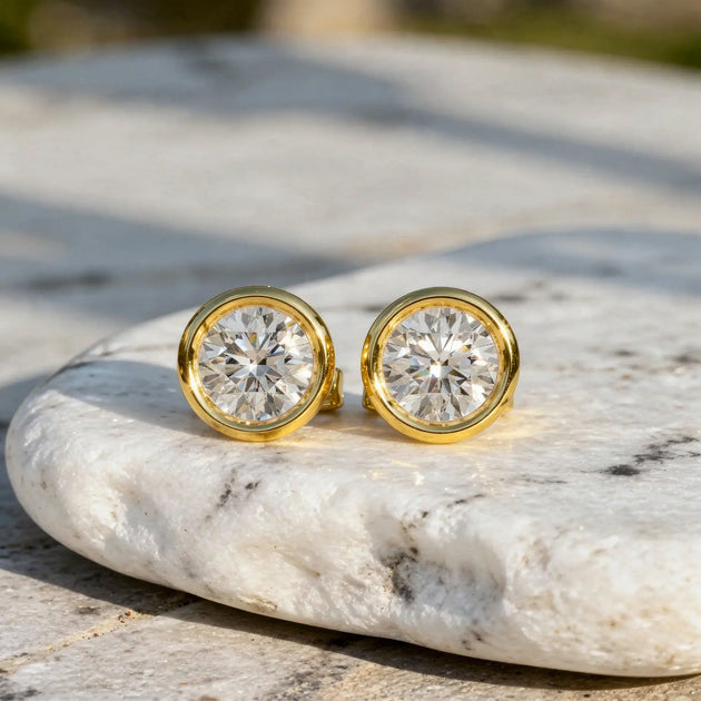 Pair Shot: Round Diamond Studs with Bezel Setting in 14k Yellow Gold - Lab Grown - Driona Jewels