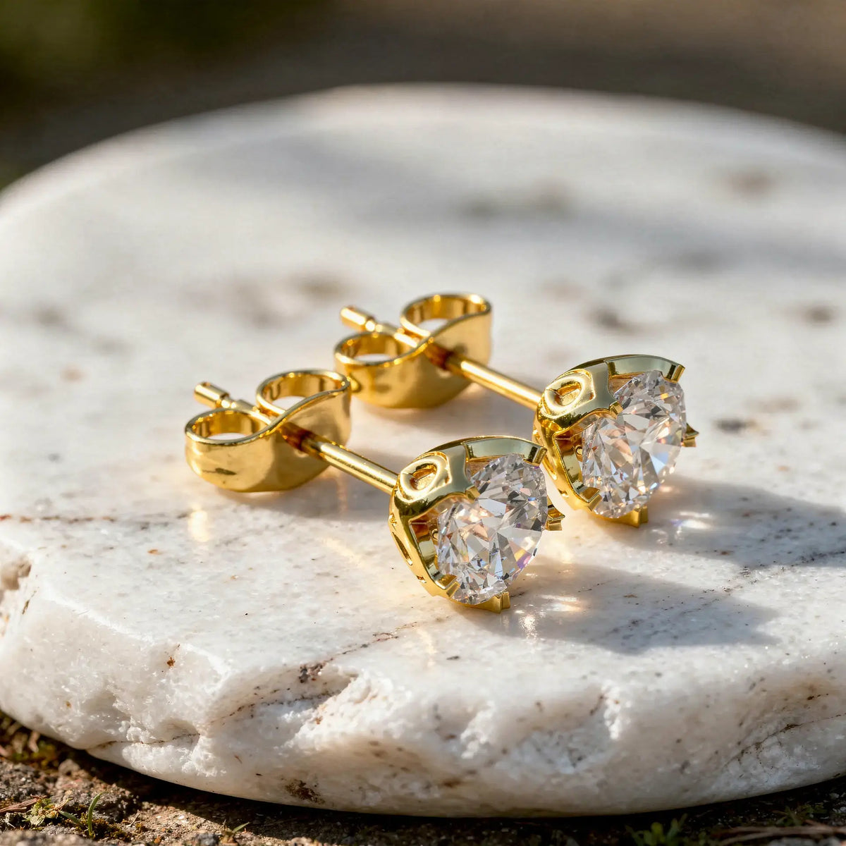 Close-up: Round Diamond Studs with Prong Setting in 14k Yellow Gold - Lab Grown - Driona Jewels