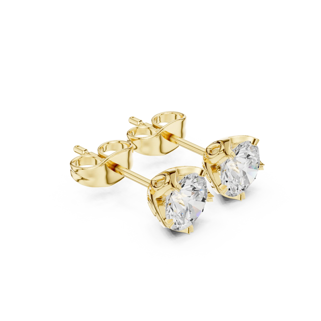 Pair Shot: Round Diamond Studs with Prong Setting in 14k Yellow Gold - Lab Grown - Driona Jewels
