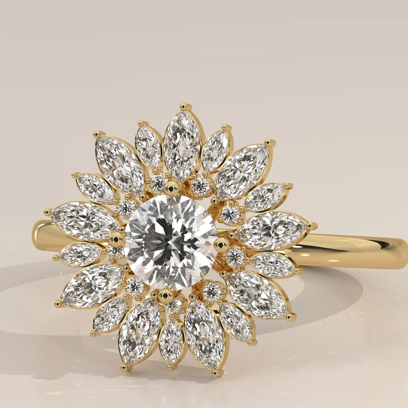 Yellow gold ring featuring a central round diamond surrounded by marquise and round diamonds in a sunburst design.
