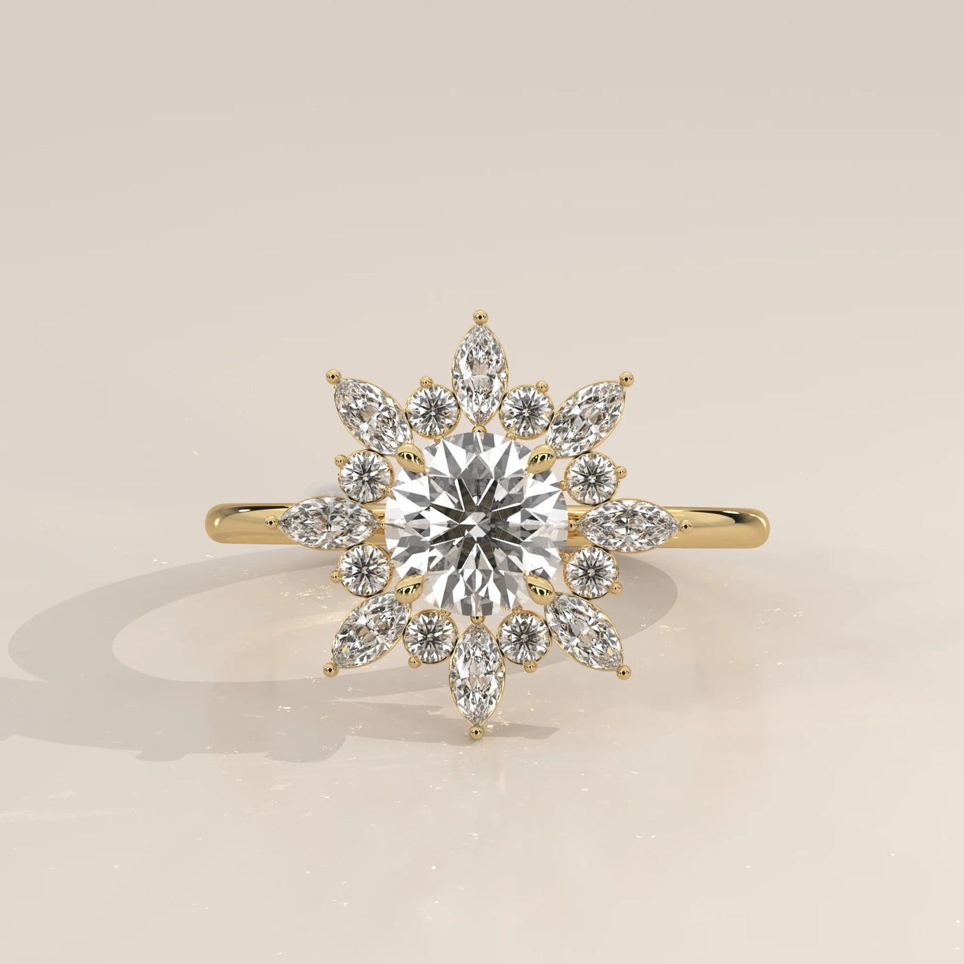 A dazzling 14k yellow gold ring with a central round diamond surrounded by marquise and round accent stones.