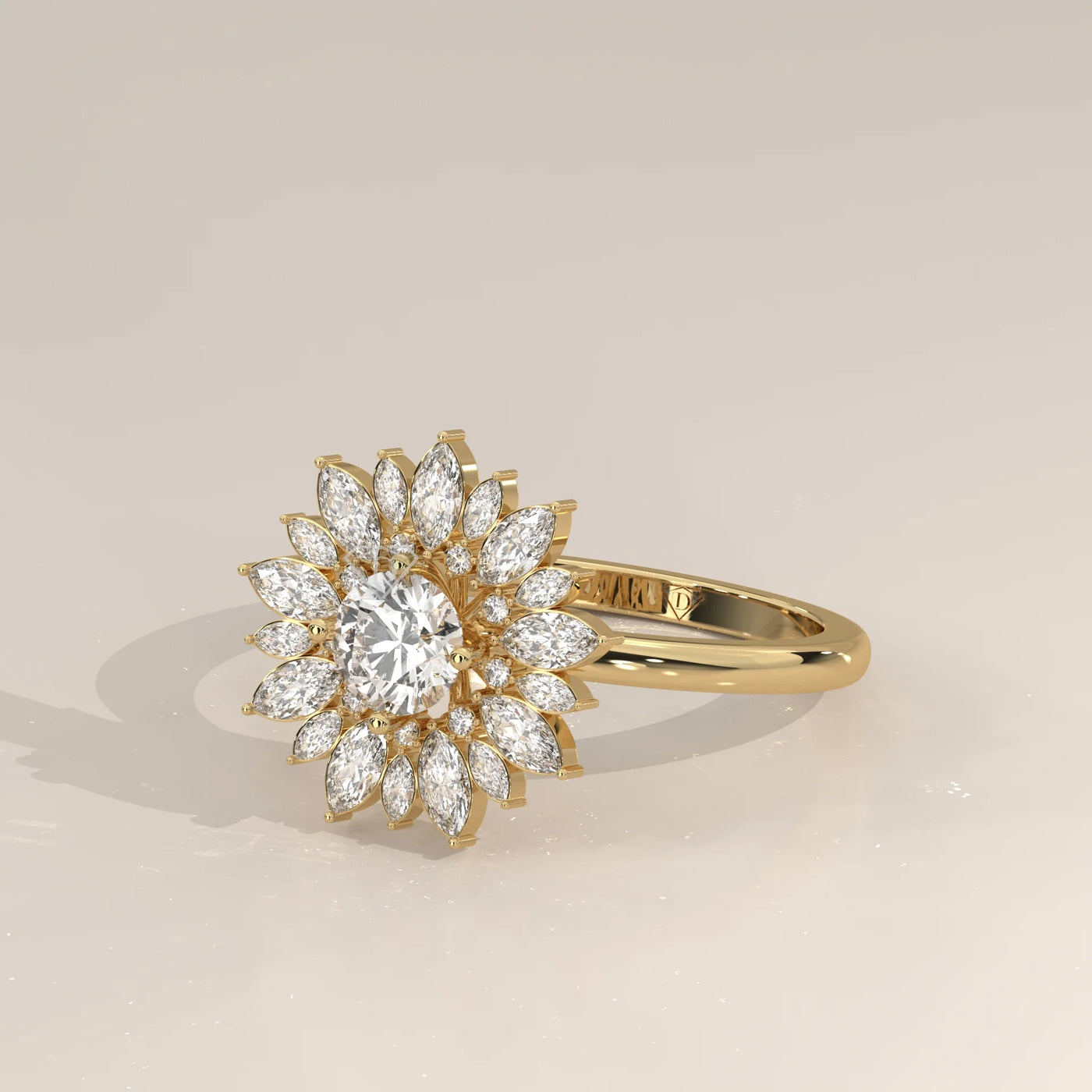 Gold ring with a sunburst design of diamonds.