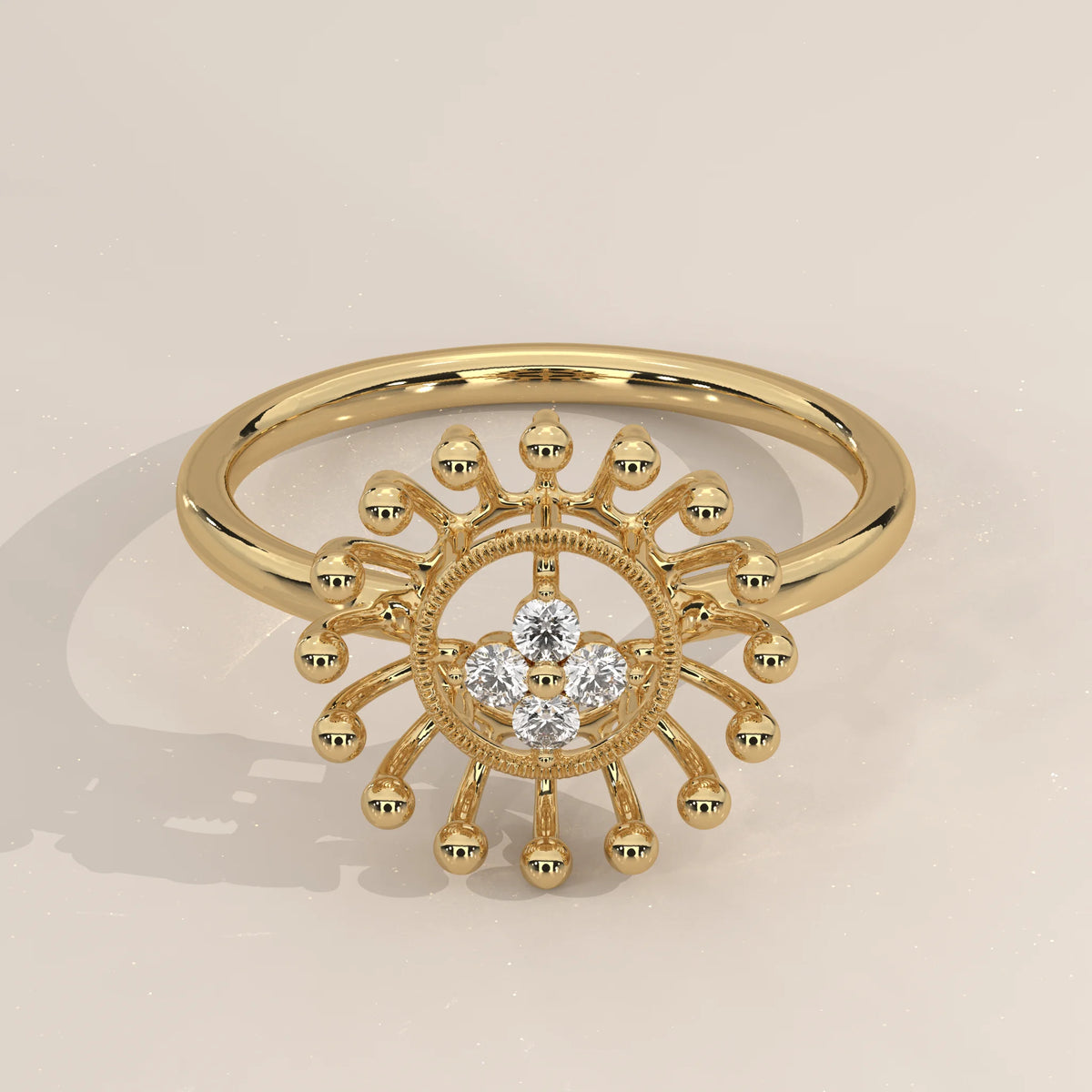 Three-Quarter View: Round Diamond Statement Ring with Prong Setting in Yellow Gold – Lab Grown – Driona Jewels