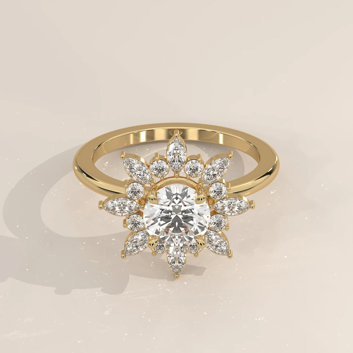 Elegant 14k yellow gold engagement ring with a central diamond surrounded by a sunburst halo of smaller diamonds.