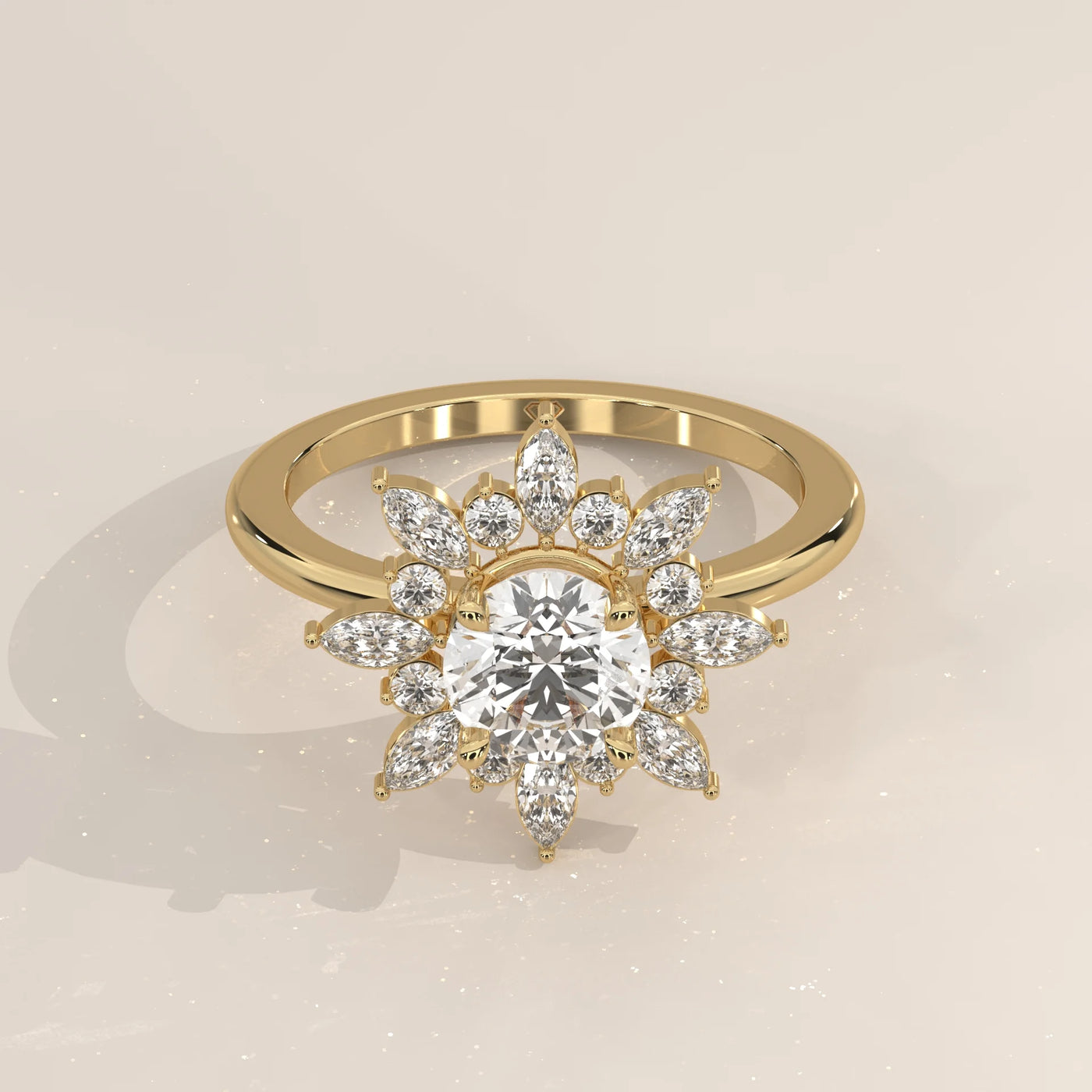 Elegant 14k yellow gold engagement ring with a central diamond surrounded by a sunburst halo of smaller diamonds.
