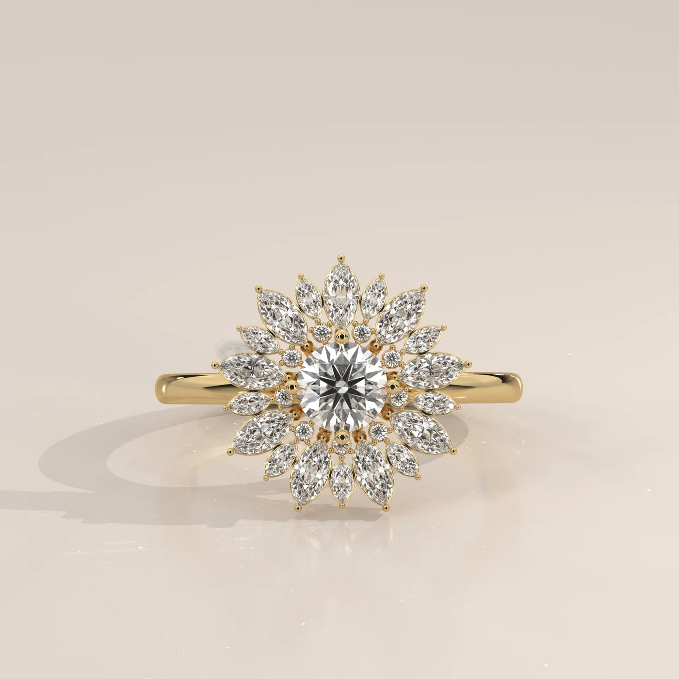 A yellow gold ring with a central diamond surrounded by marquise and round diamonds.