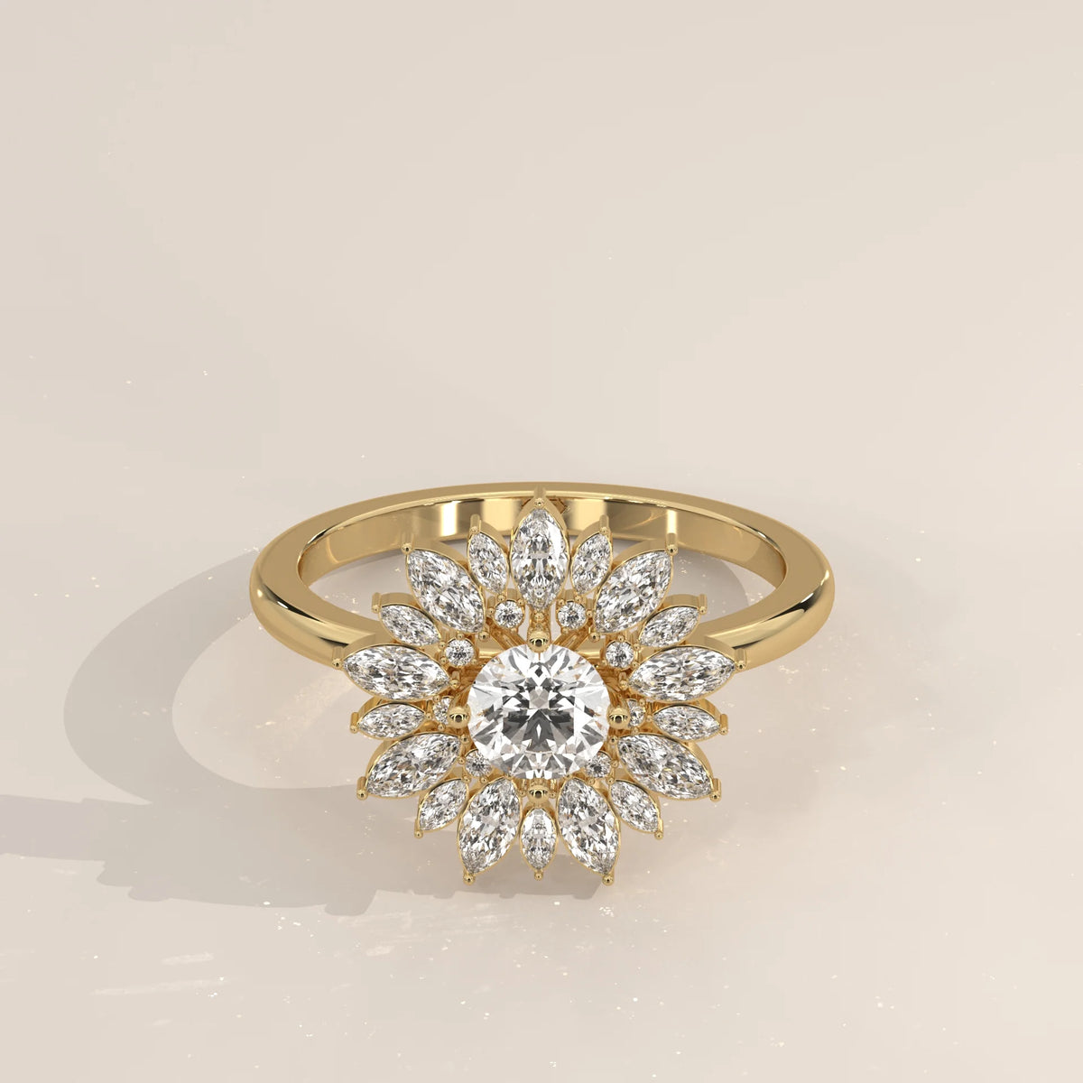 A 14k yellow gold ring with a round center diamond surrounded by marquise diamonds.