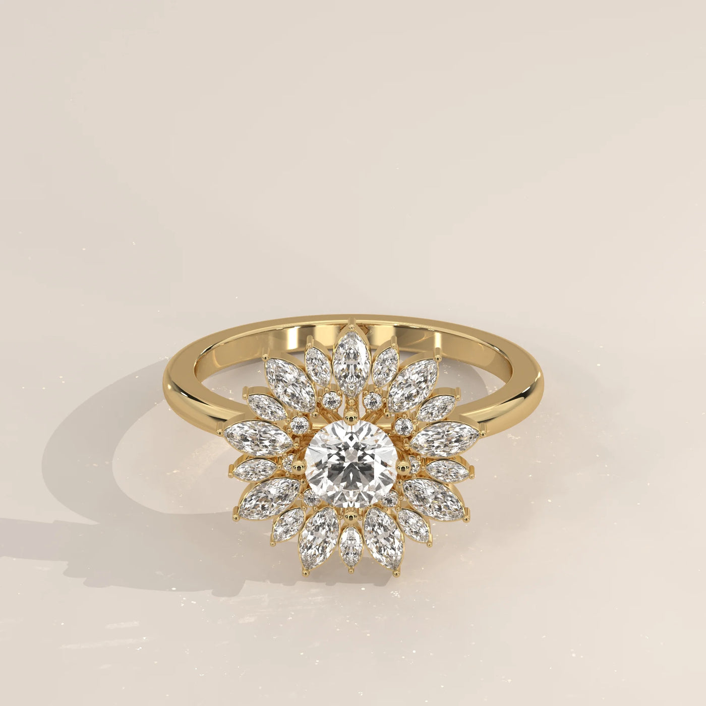 A 14k yellow gold ring with a round center diamond surrounded by marquise diamonds.