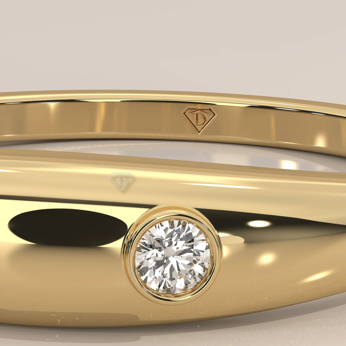 Tapered Dome Gold Band with One Flush Set Round Diamond in yellow gold, front view on a plain background.