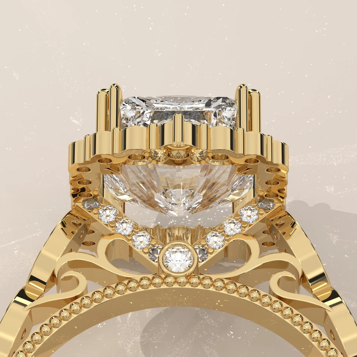 Tendy 5 Carat Radiant Lab Grown Diamond Vintage Halo Ring in yellow gold, shown on a plain background.