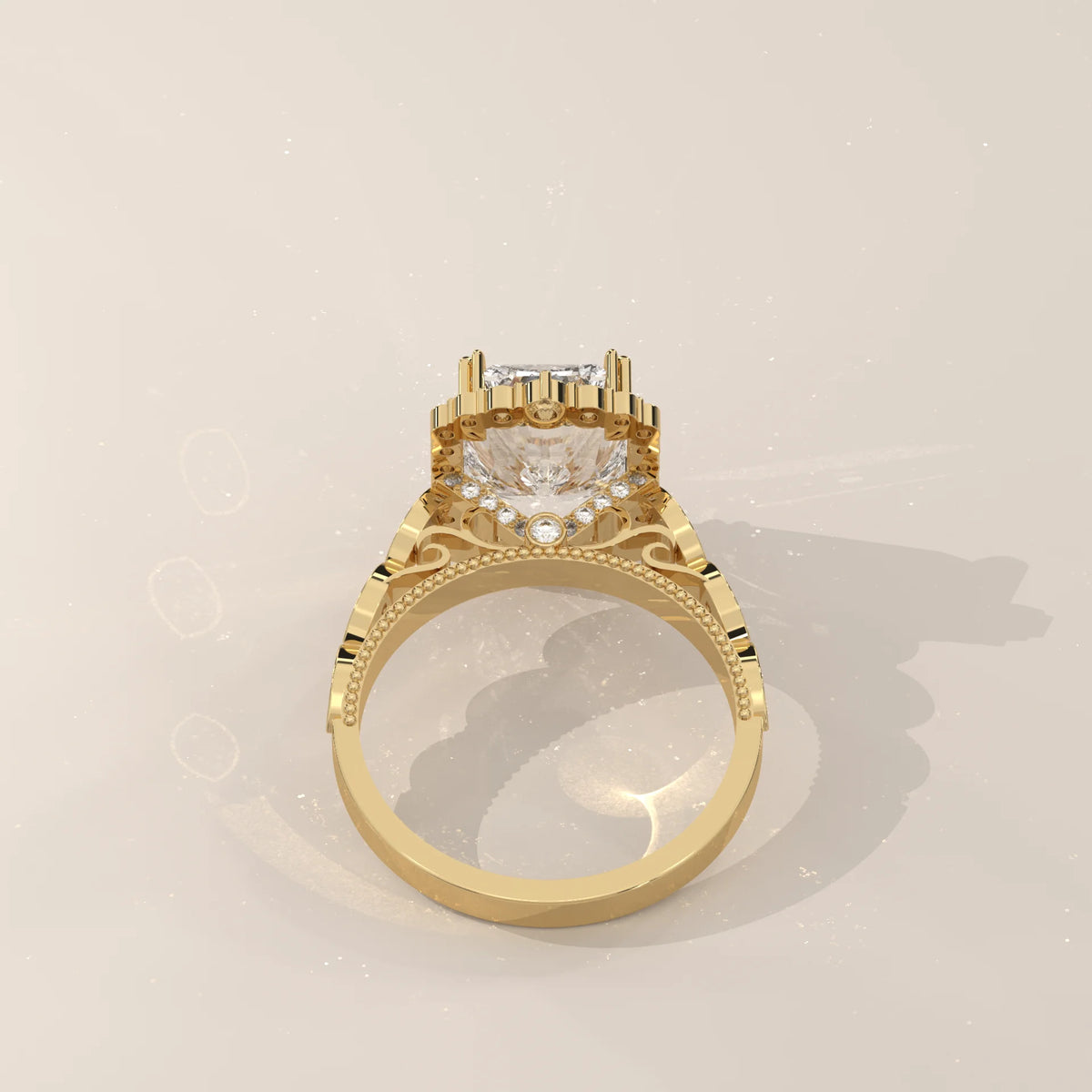 Tendy 5 Carat Radiant Lab Grown Diamond Vintage Halo Ring in yellow gold, shown at an angle.