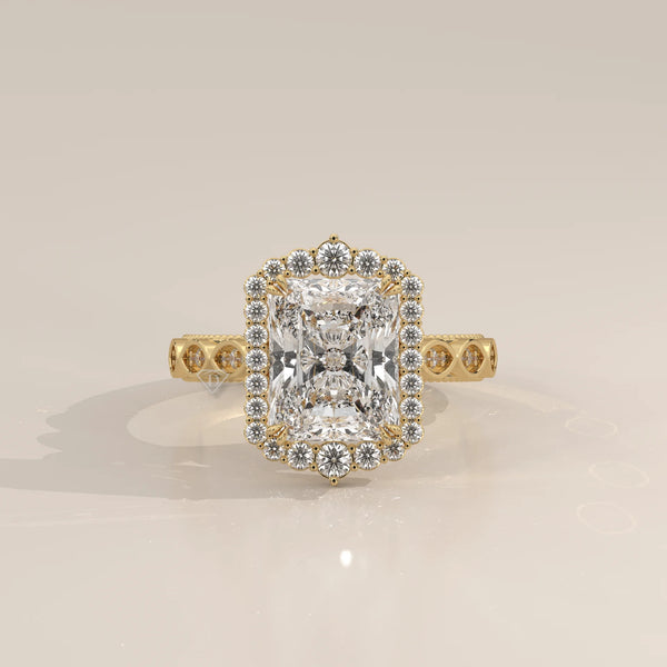 Tendy 5 Carat Radiant Lab Grown Diamond Vintage Halo Ring in yellow gold, photographed head-on.