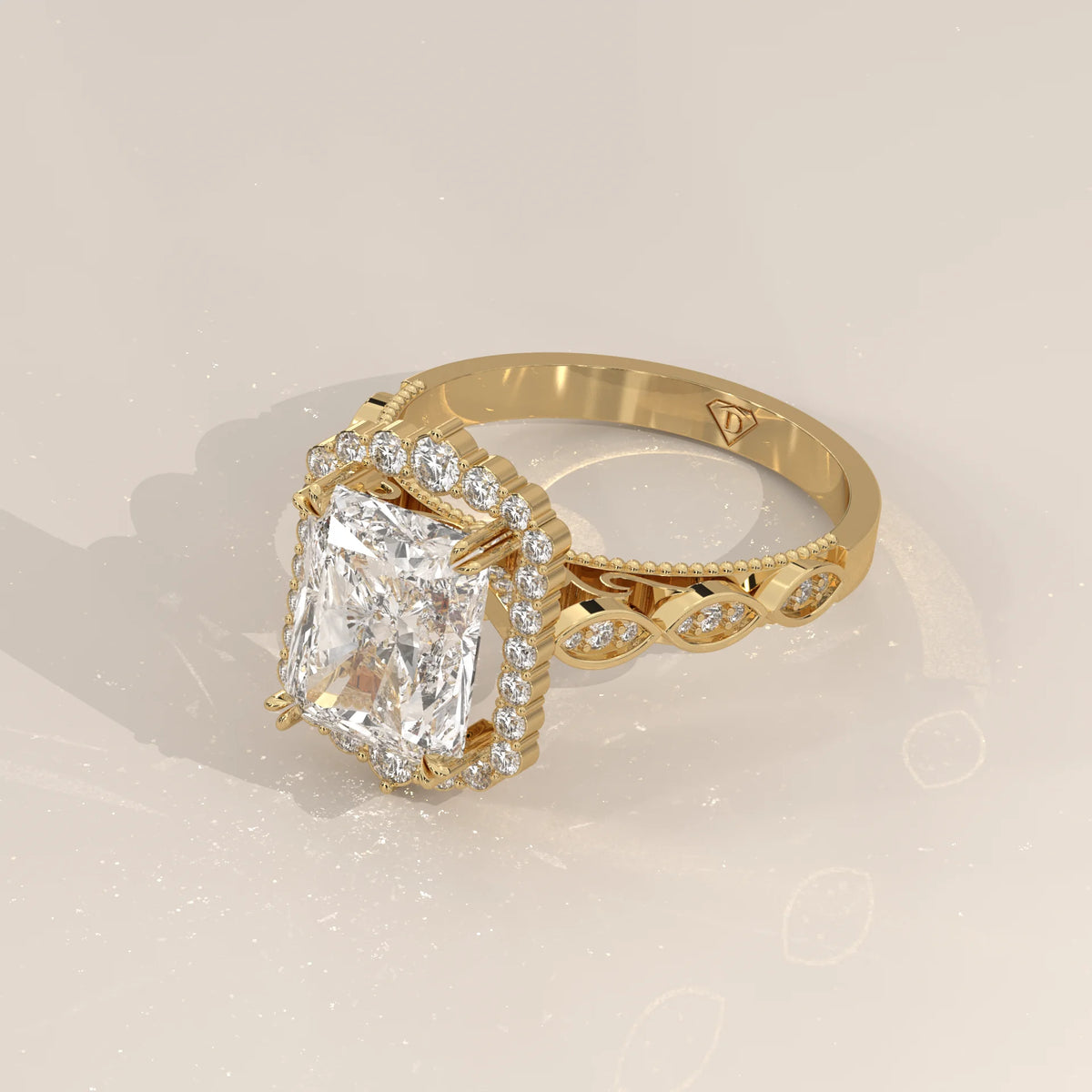 Tendy 5 Carat Radiant Lab Grown Diamond Vintage Halo Ring in yellow gold, shown from the side.