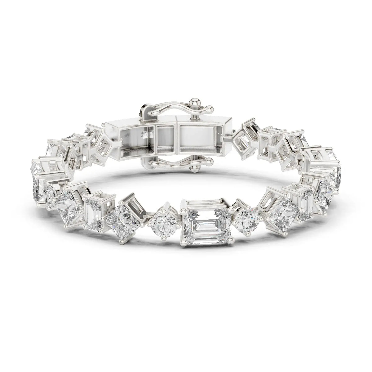 Front View: Assorted Cut Diamond Tennis Bracelet with Prong Setting in 14k White Gold - Lab Grown - Driona Jewels