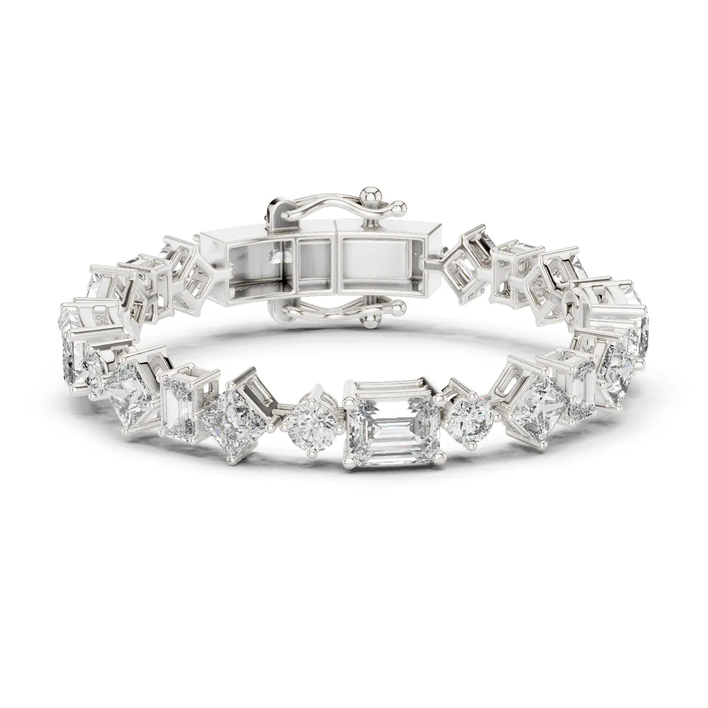 Front View: Assorted Cut Diamond Tennis Bracelet with Prong Setting in 14k White Gold - Lab Grown - Driona Jewels