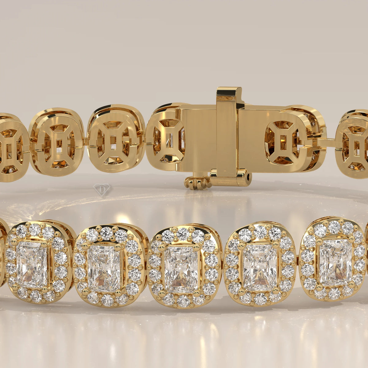 A close-up view of a 14k gold tennis bracelet with radiant-cut diamonds.