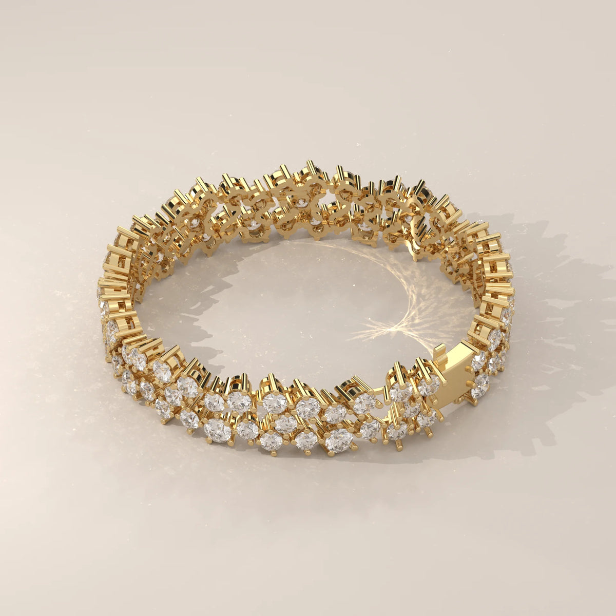 A delicate gold tennis bracelet adorned with numerous sparkling diamonds.