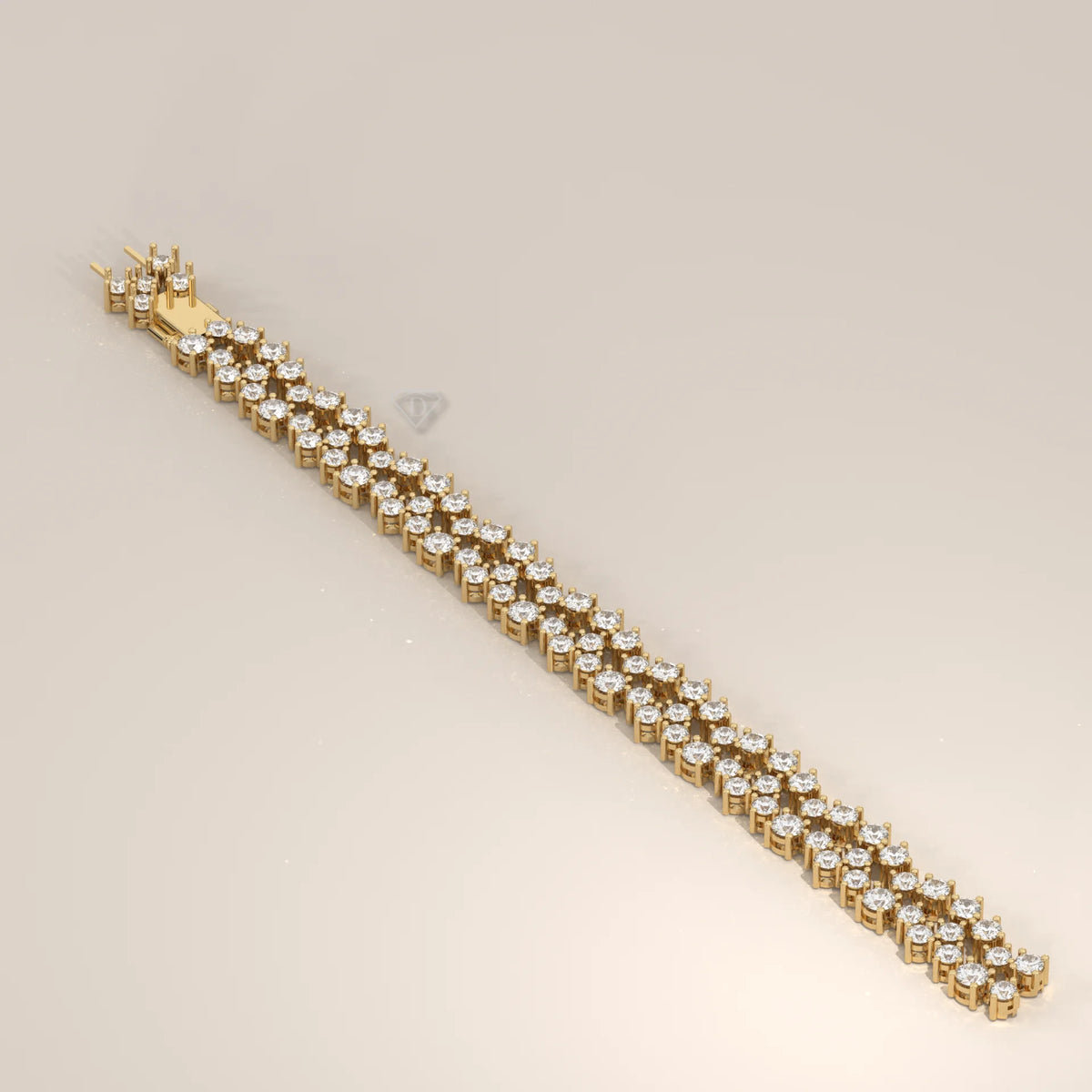 A delicate 14k yellow gold tennis bracelet with two rows of shimmering diamonds.